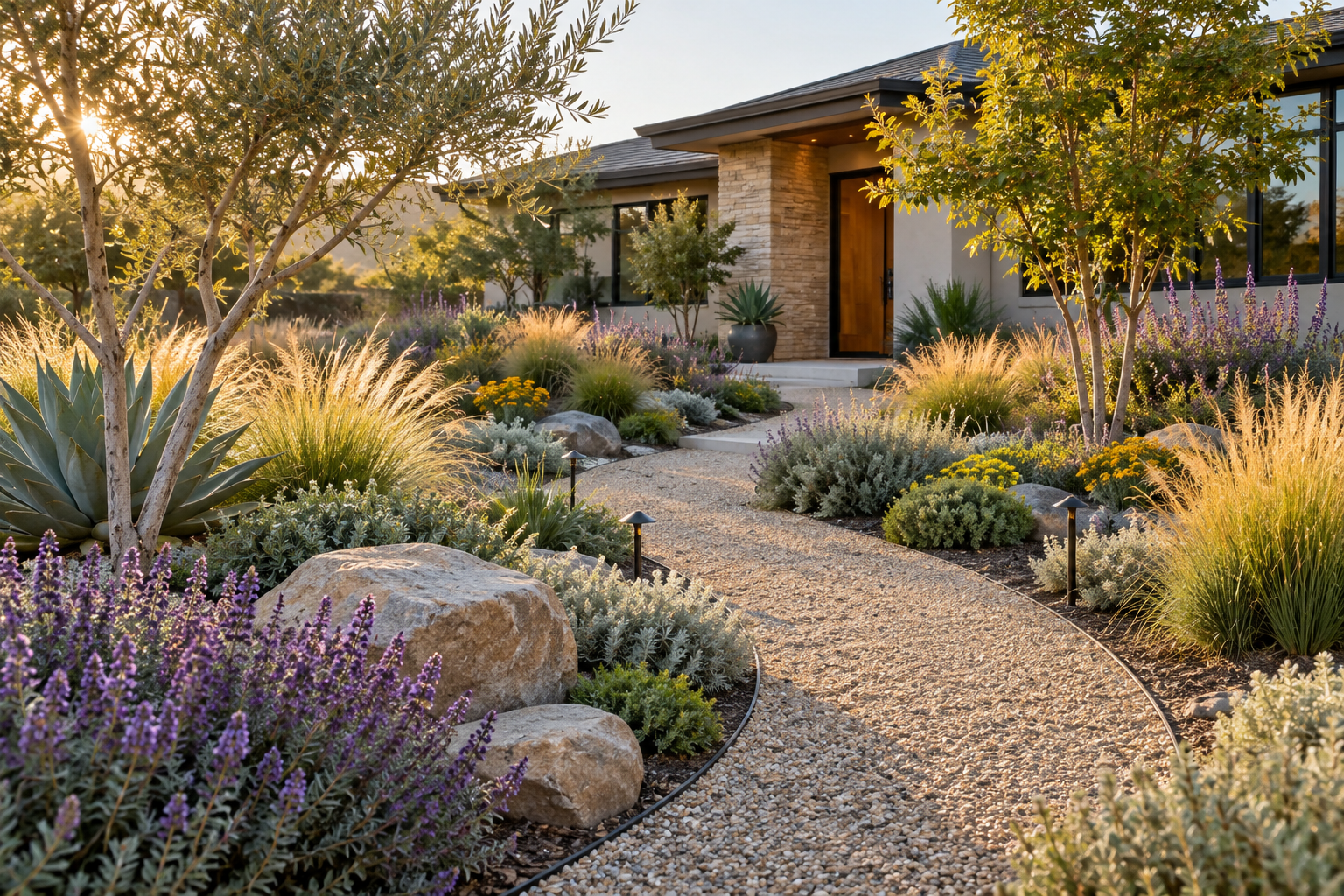 Water-wise front garden with native grasses and gravel path