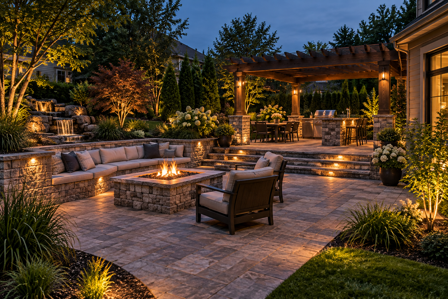 Finished stone patio with fire feature and landscape lighting