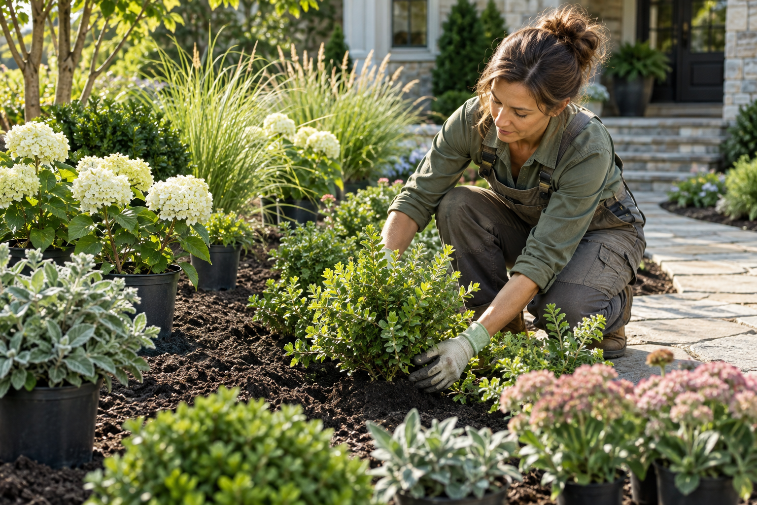Landscape designer installing layered shrubs and flowers